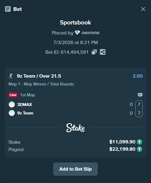 Bet slip: 3DMAX - 9z Team, $11,111.00 stake at 2.00 odds, placed by oxorona