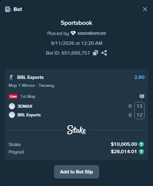Bet slip: 3DMAX - BBL Esports, $10,000.00 stake at 2.80 odds, placed by saszakoncza