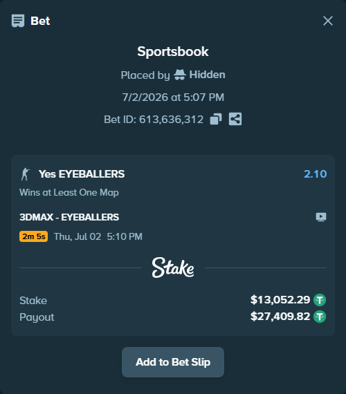 Bet slip: 3DMAX - EYEBALLERS, $13,065.35 stake at 2.10 odds, placed by Hidden