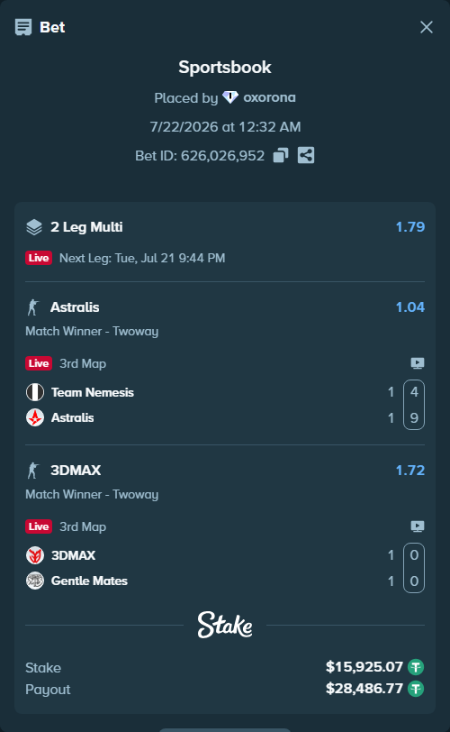 Bet slip: 3DMAX - Gentle Mates, $15,941.00 stake at 1.72 odds, placed by oxorona