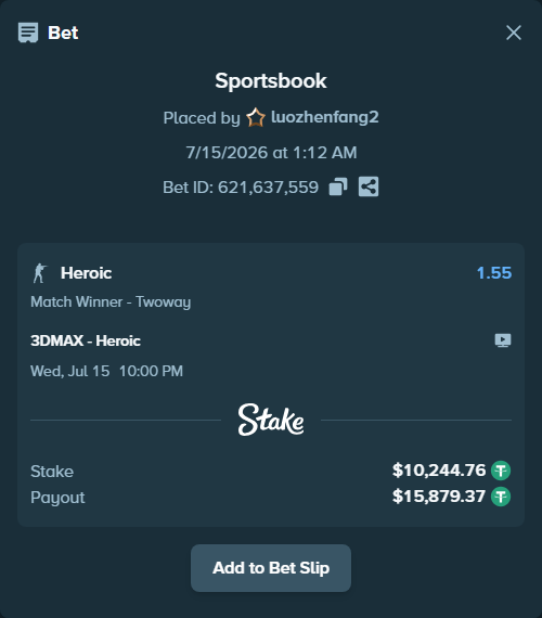 Bet slip: 3DMAX - Heroic, $10,255.00 stake at 1.55 odds, placed by luozhenfang2