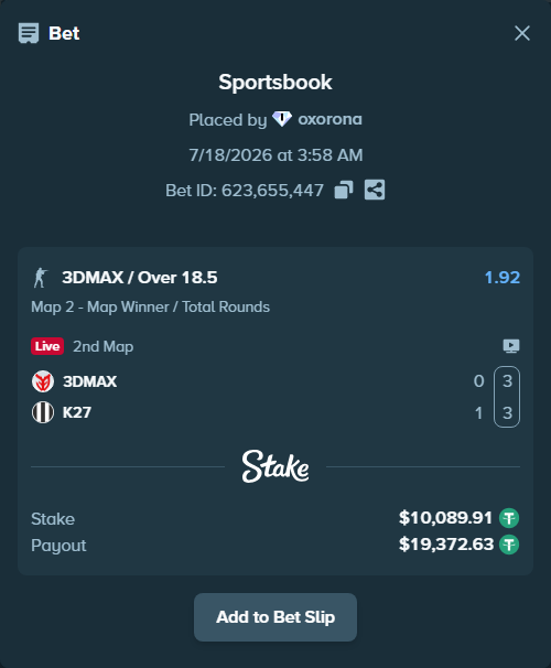 Bet slip: 3DMAX - K27, $10,100.00 stake at 1.92 odds, placed by oxorona