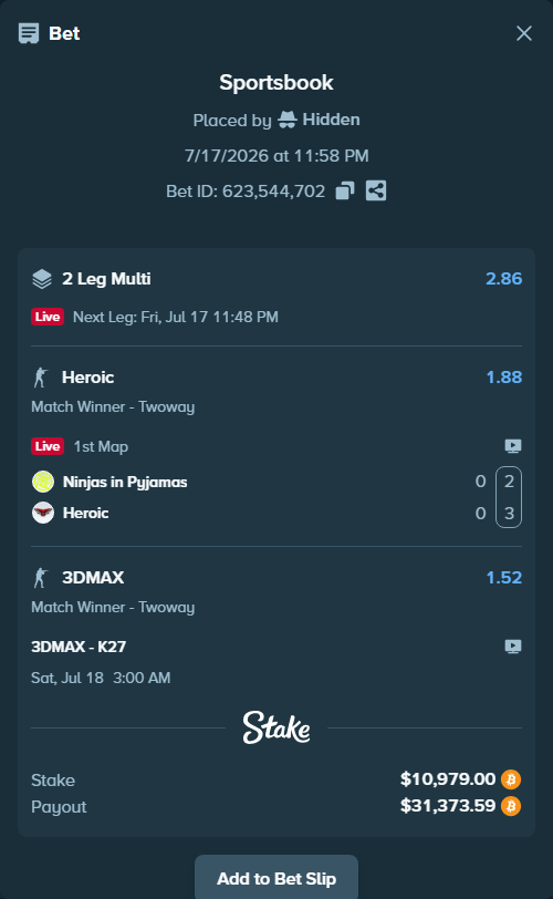 Bet slip: 3DMAX - K27, $11,151.11 stake at 1.52 odds, placed by Hidden