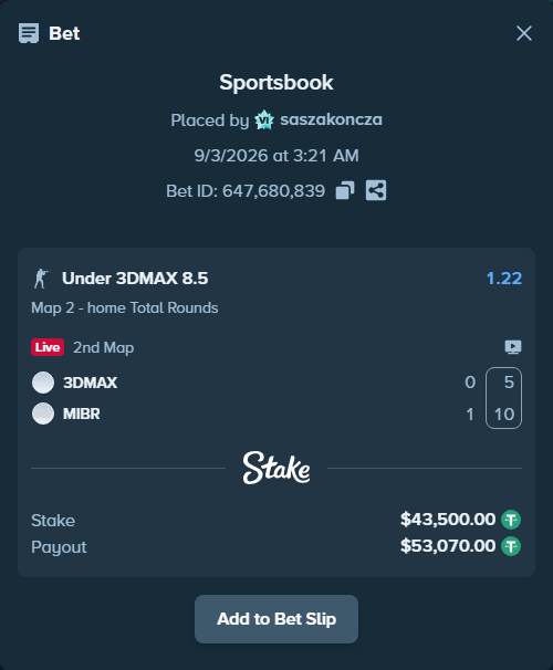 Bet slip: 3DMAX - MIBR, $43,500.00 stake at 1.22 odds, placed by saszakoncza