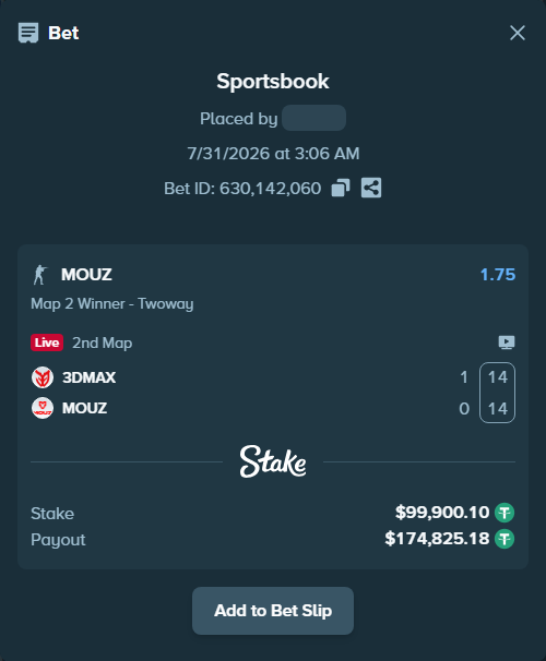 Bet slip: 3DMAX - MOUZ, $100,000.00 stake at 1.75 odds, placed by GoldenKot