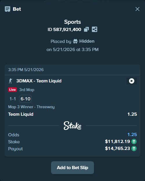 Bet slip: 3DMAX - Team Liquid, $11,824.00 stake at 1.25 odds, placed by Hidden