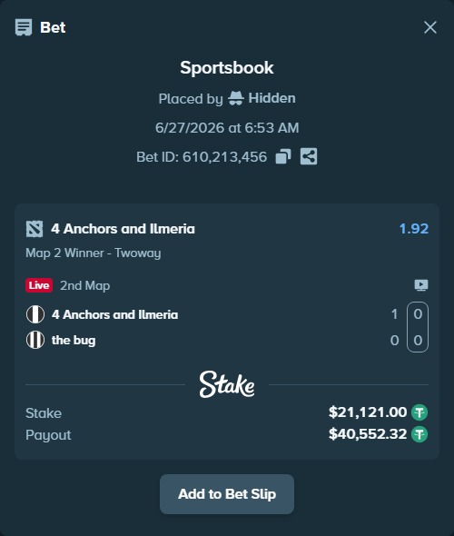 Bet slip: 4 Anchors and Ilmeria - the bug, $21,142.12 stake at 1.92 odds, placed by Hidden