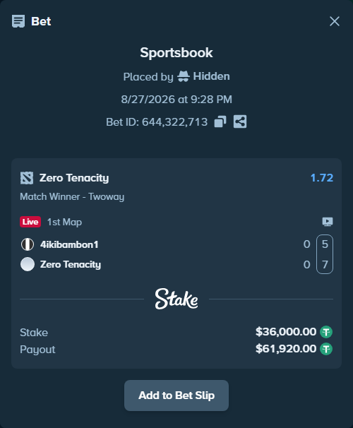 Bet slip: 4ikibambon1 - Zero Tenacity, $36,000.00 stake at 1.72 odds, placed by Hidden