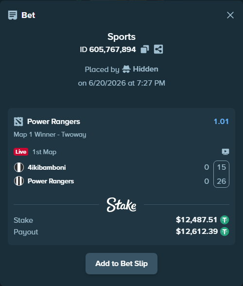 Bet slip: 4ikibamboni - Power Rangers, $12,500.00 stake at 1.01 odds, placed by Hidden