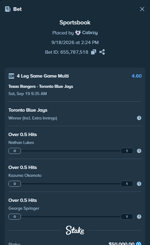 Bet slip: , $50,000.00 stake at 1.15 odds, placed by Cabrzy