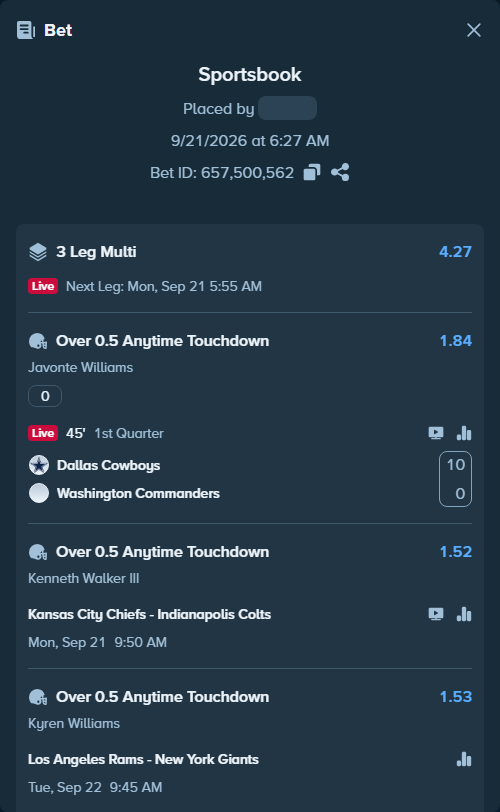 Bet slip: , $50,000.00 stake at 1.84 odds, placed by Cabrzy