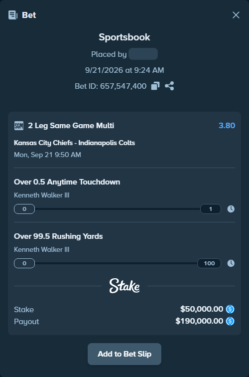 Bet slip: , $50,000.00 stake at 1.90 odds, placed by Cabrzy