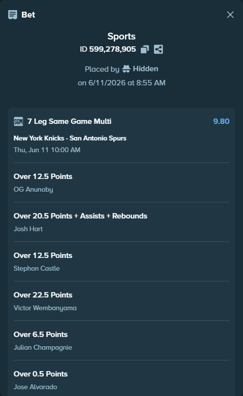 Bet slip: , $50,050.00 stake at 1.40 odds, placed by Hidden