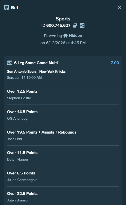 Bet slip: , $50,050.00 stake at 1.17 odds, placed by Hidden