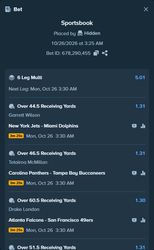 Bet slip: , $50,050.00 stake at 1.31 odds, placed by Hidden
