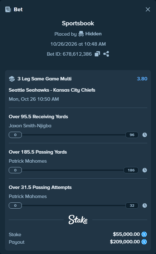Bet slip: , $55,000.00 stake at 1.27 odds, placed by Hidden