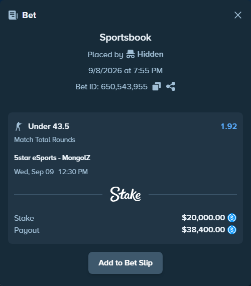 Bet slip: 5star eSports - The MongolZ, $20,000.00 stake at 1.92 odds, placed by Hidden