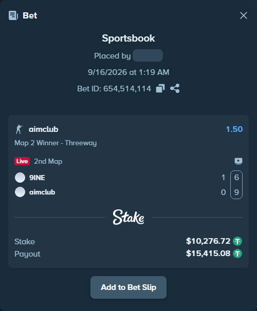 Bet slip: 9INE - aimclub, $10,287.00 stake at 1.50 odds, placed by saszakoncza