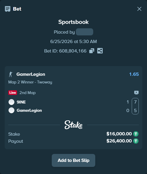 Bet slip: 9INE - GamerLegion, $16,016.00 stake at 1.65 odds, placed by Kvons