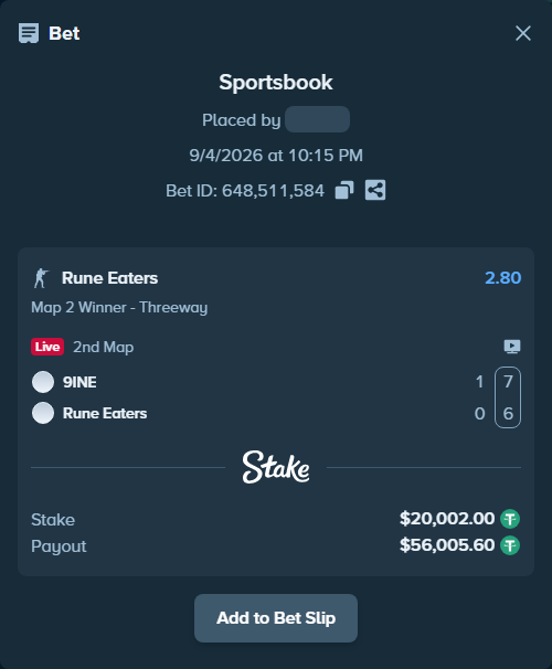Bet slip: 9INE - Rune Eaters, $20,000.00 stake at 2.80 odds, placed by saszakoncza