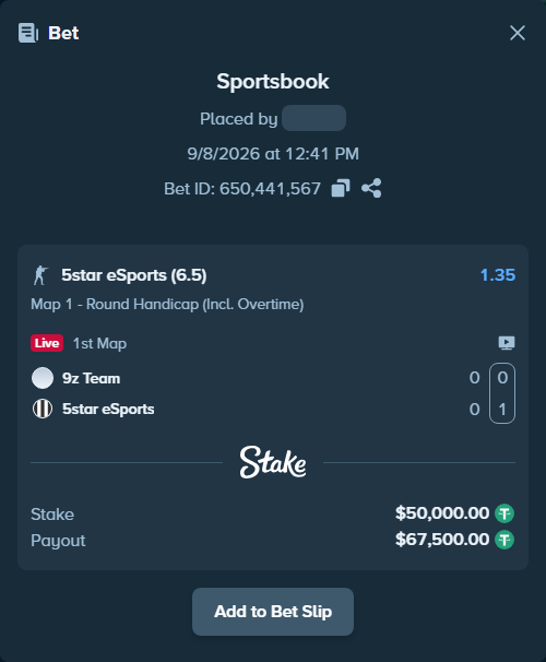 Bet slip: 9z Team - 5star eSports, $50,000.00 stake at 1.35 odds, placed by Mnt41