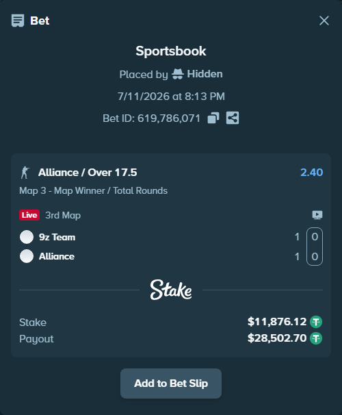 Bet slip: 9z Team - Alliance, $11,888.00 stake at 2.40 odds, placed by oxorona