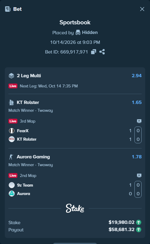 Bet slip: 9z Team - Aurora Gaming, $20,000.00 stake at 1.78 odds, placed by Hidden