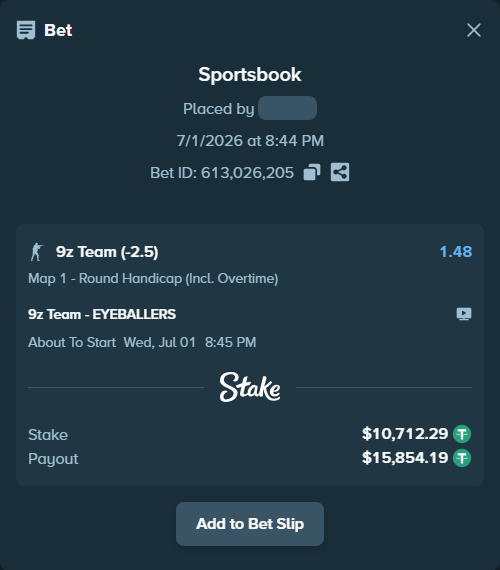 Bet slip: 9z Team - EYEBALLERS, $10,723.00 stake at 1.48 odds, placed by kdanv