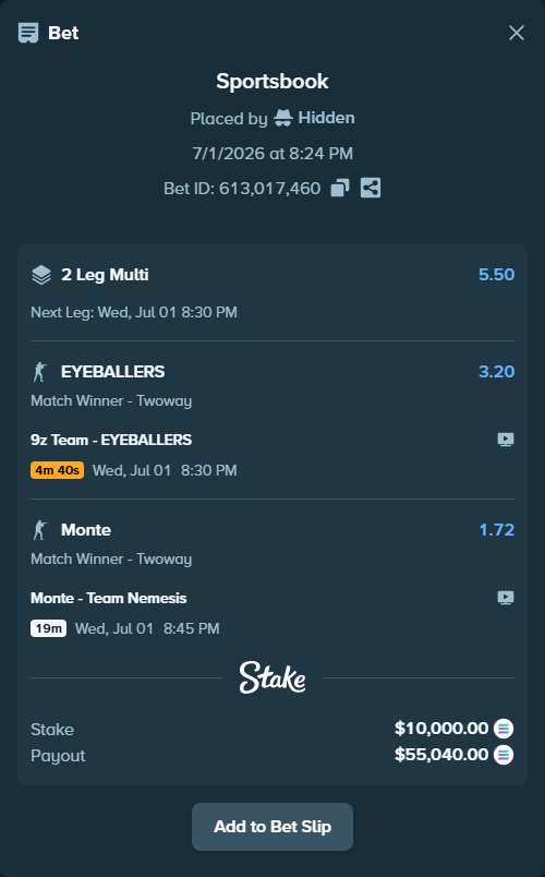 Bet slip: 9z Team - EYEBALLERS, $10,950.60 stake at 3.20 odds, placed by Hidden
