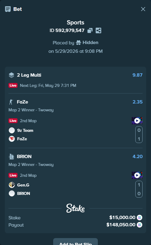 Bet slip: 9z Team - FaZe, $13,423.02 stake at 2.35 odds, placed by Hidden