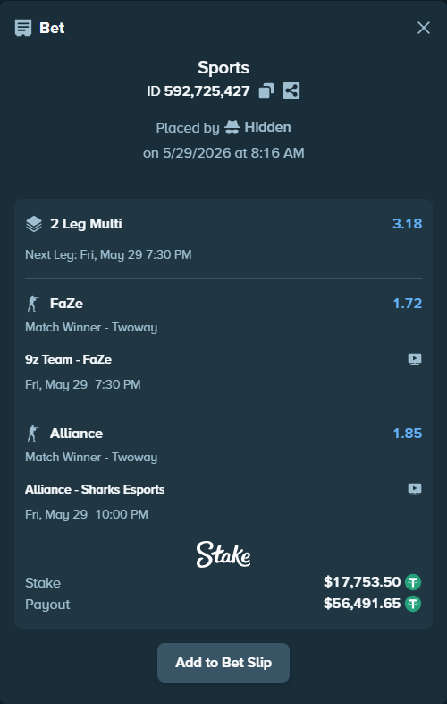 Bet slip: 9z Team - FaZe, $17,771.26 stake at 1.72 odds, placed by Hidden