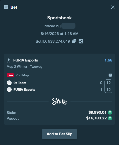 Bet slip: 9z Team - FURIA Esports, $10,000.00 stake at 1.68 odds, placed by Hanselwilliam1