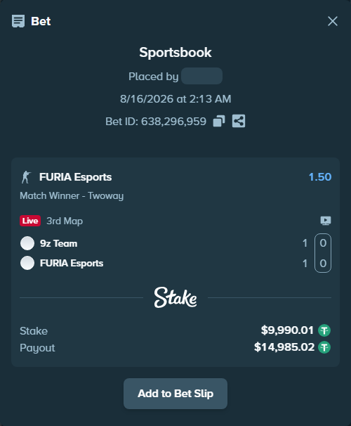 Bet slip: 9z Team - FURIA Esports, $10,000.00 stake at 1.50 odds, placed by Hanselwilliam1