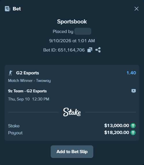 Bet slip: 9z Team - G2 Esports, $13,000.00 stake at 1.40 odds, placed by mi6a1