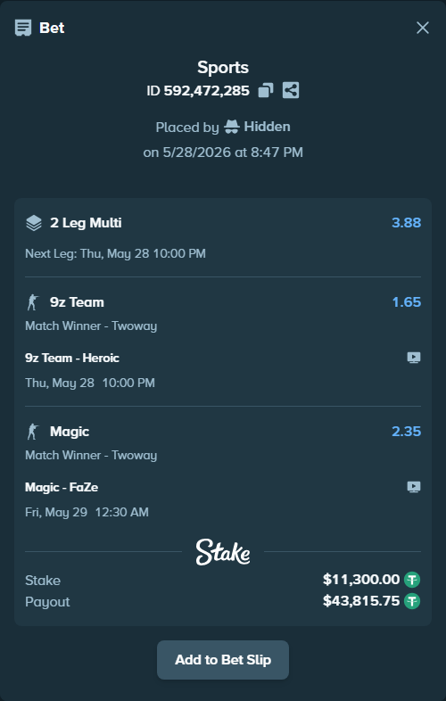 Bet slip: 9z Team - Heroic, $11,322.60 stake at 1.65 odds, placed by Hidden