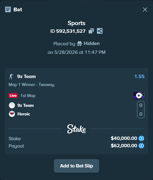 Bet slip: 9z Team - Heroic, $40,000.00 stake at 1.55 odds, placed by Hidden
