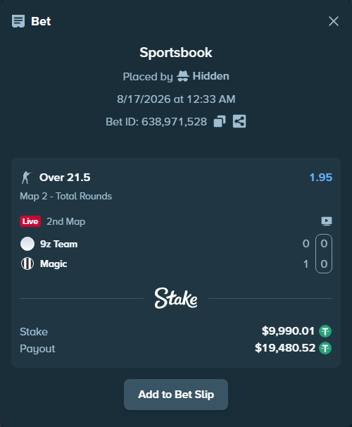 Bet slip: 9z Team - Magic, $10,000.00 stake at 1.95 odds, placed by saszakoncza