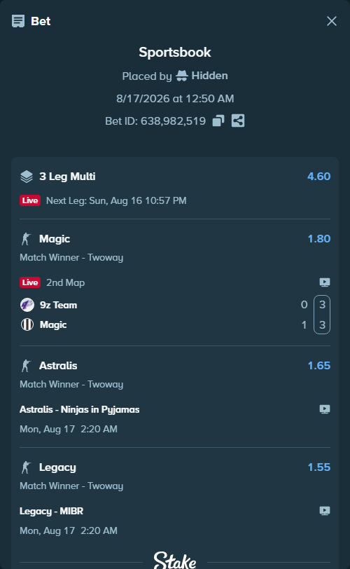 Bet slip: 9z Team - Magic, $10,025.01 stake at 1.80 odds, placed by Hidden