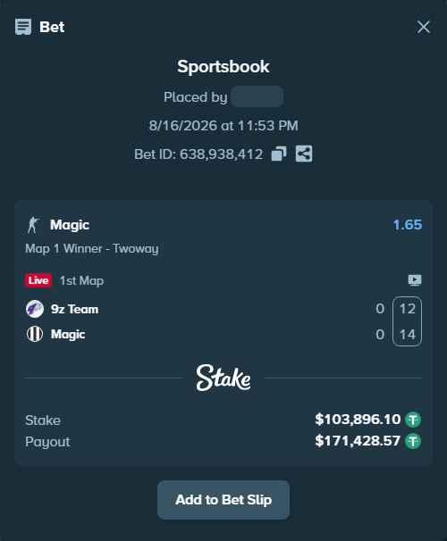 Bet slip: 9z Team - Magic, $104,000.00 stake at 1.65 odds, placed by GoldenKot