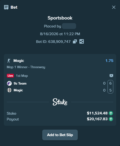 Bet slip: 9z Team - Magic, $11,536.00 stake at 1.75 odds, placed by Hanselwilliam1