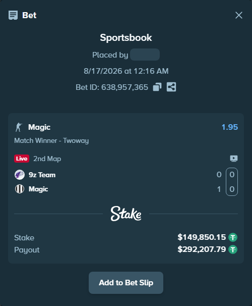 Bet slip: 9z Team - Magic, $150,000.00 stake at 1.95 odds, placed by GoldenKot