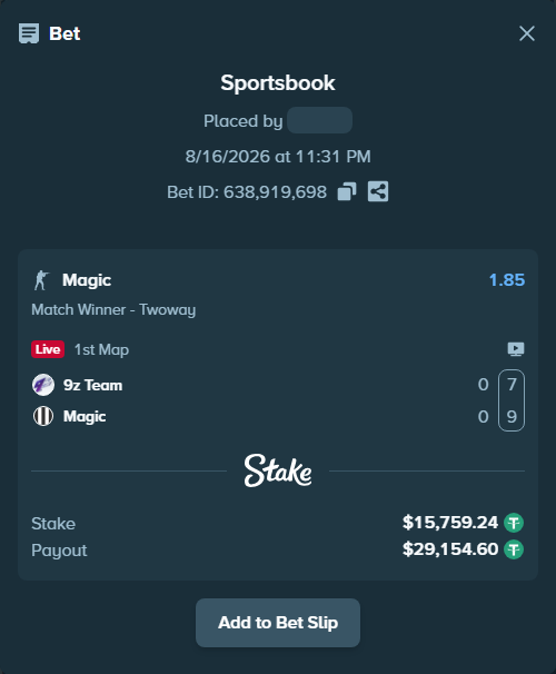Bet slip: 9z Team - Magic, $15,775.00 stake at 1.85 odds, placed by antoniku