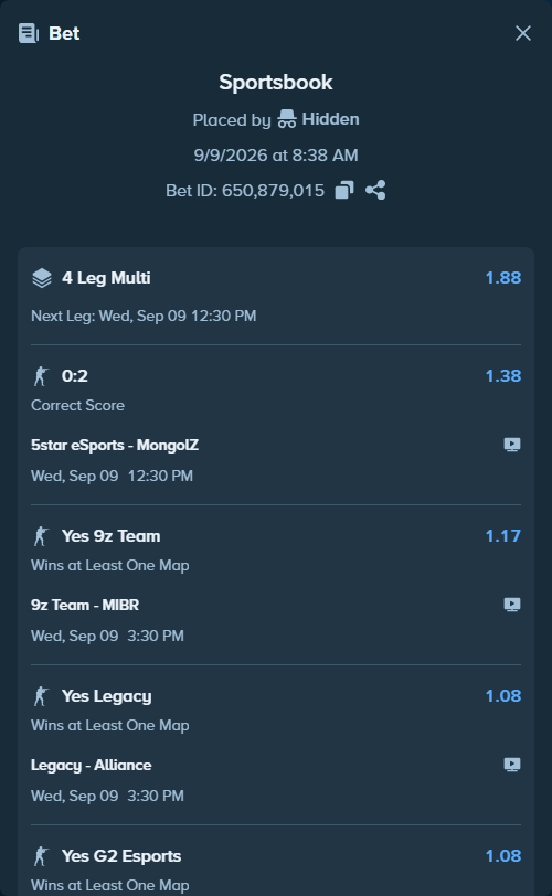 Bet slip: 9z Team - MIBR, $10,261.66 stake at 1.17 odds, placed by Hidden