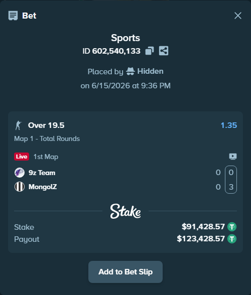 Bet slip: 9z Team - MongolZ, $91,520.00 stake at 1.35 odds, placed by Hidden