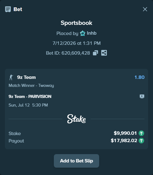 Bet slip: 9z Team - PARIVISION, $10,000.00 stake at 1.80 odds, placed by Inhb