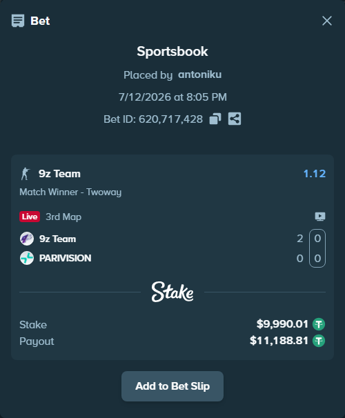 Bet slip: 9z Team - PARIVISION, $10,000.00 stake at 1.12 odds, placed by antoniku