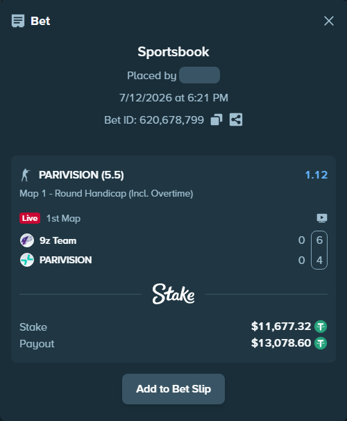 Bet slip: 9z Team - PARIVISION, $11,689.00 stake at 1.12 odds, placed by RyazheniyPetuh