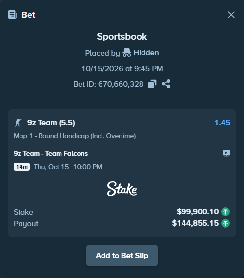 Bet slip: 9z Team - Team Falcons, $100,000.00 stake at 1.45 odds, placed by Mnt41
