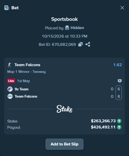 Bet slip: 9z Team - Team Falcons, $263,530.00 stake at 1.62 odds, placed by Mnt41
