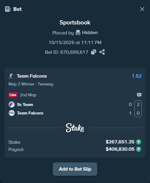 Bet slip: 9z Team - Team Falcons, $267,919.00 stake at 1.52 odds, placed by Mnt41